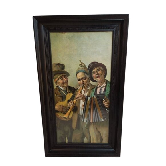 Vintage Framed Print Of Musicians Playing Instruments With Black Wooden Beaded F - Picture 7 of 12